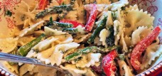 Basil Pesto Macaroni Salad with Roasted Red Pepper and Asparagus